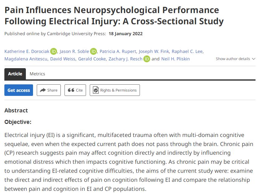 Pain Influences Neuropsychological Performance Following Electrical Injury: A Cross-Sectional Study